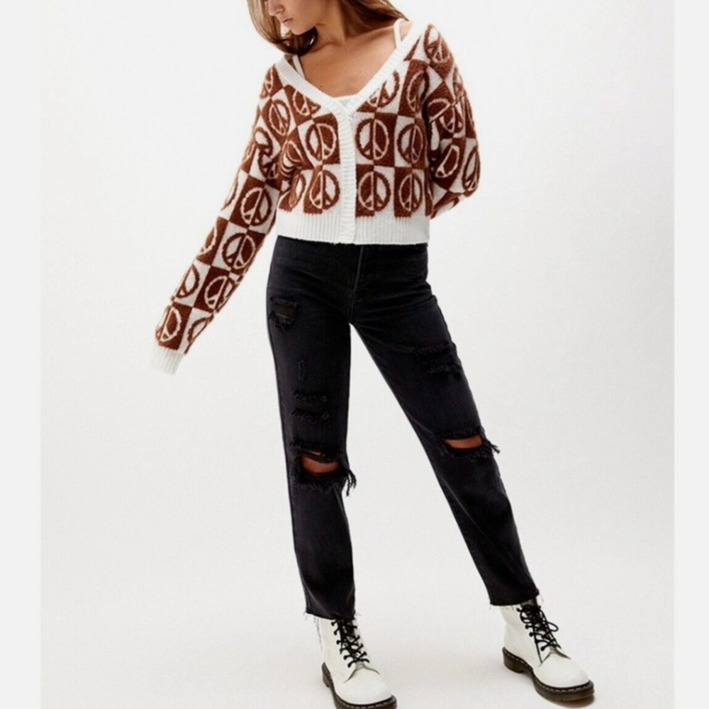 NEW peace sign cardigan by LA Hearts from Pacsun brown & cream very soft xs - Picture 11 of 11